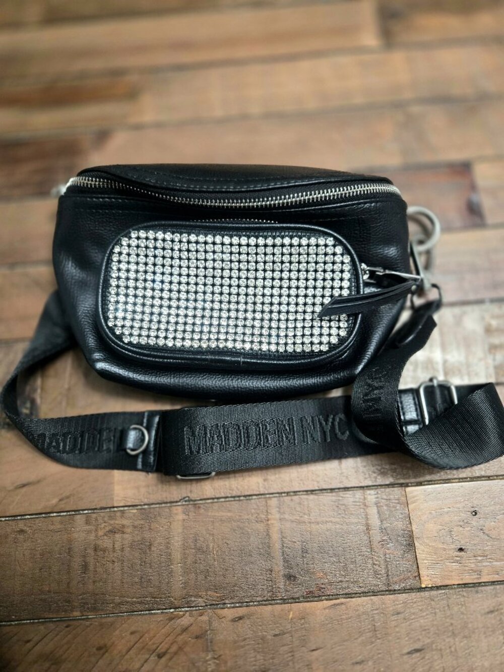 Madden NYC Women's Crystal Fanny Pack Crossbody Bag Black Y2K Bling Streetwear